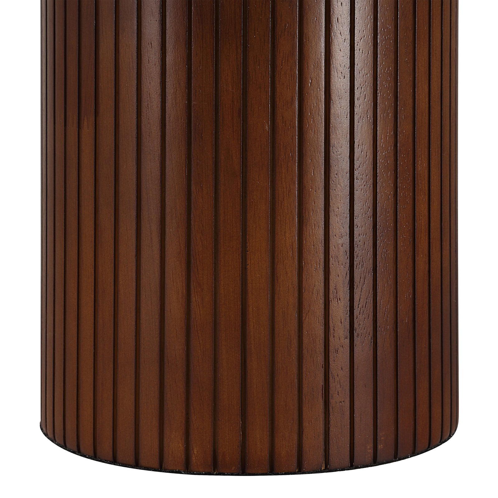Sanya Table Lamp with a white fabric shade and a ribbed dark wood base