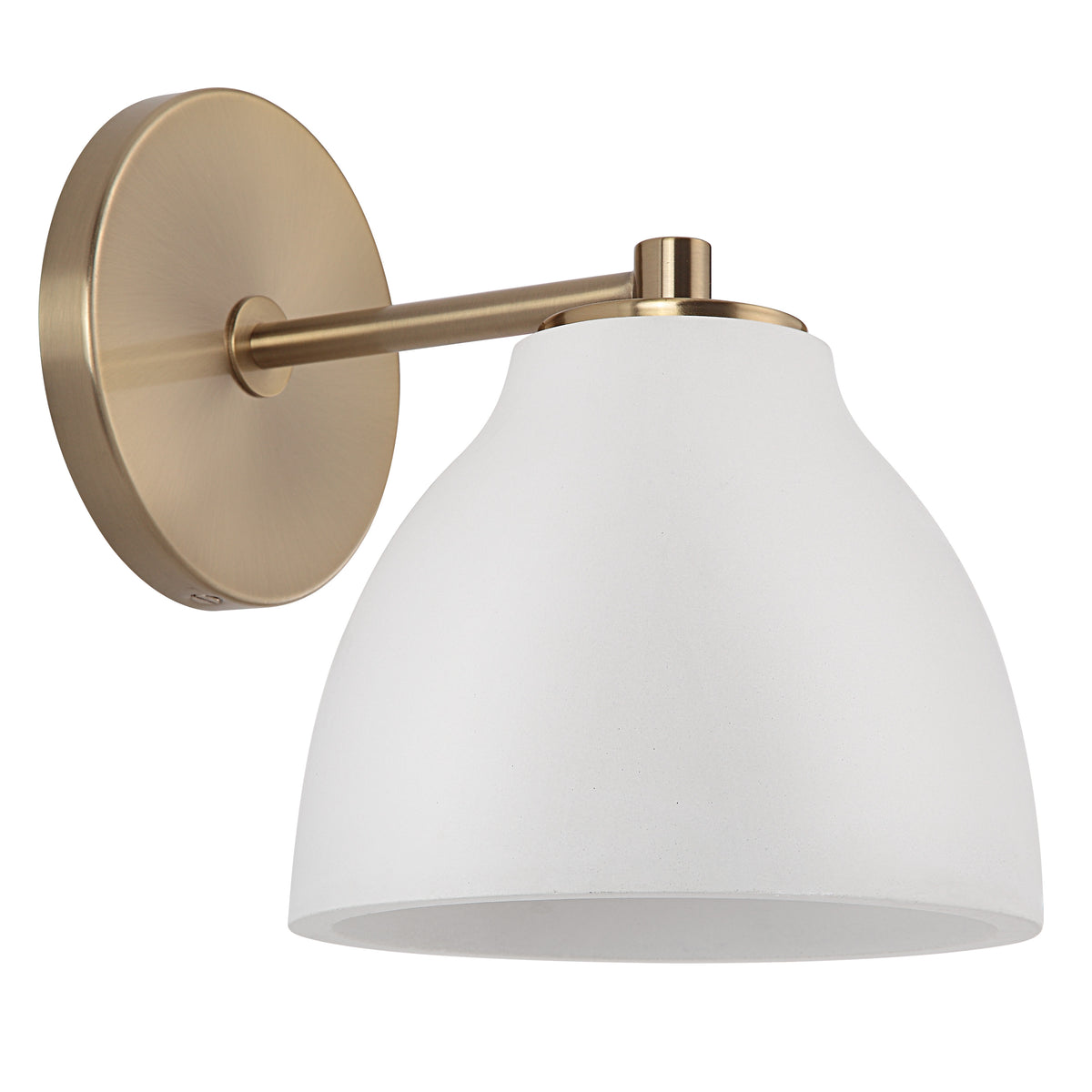 Mazia Wall Sconce with a white shade and brass arm, side view