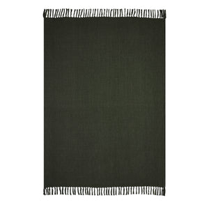 Chalamet Throw Blanket in dark green with fringed edges, flat view.