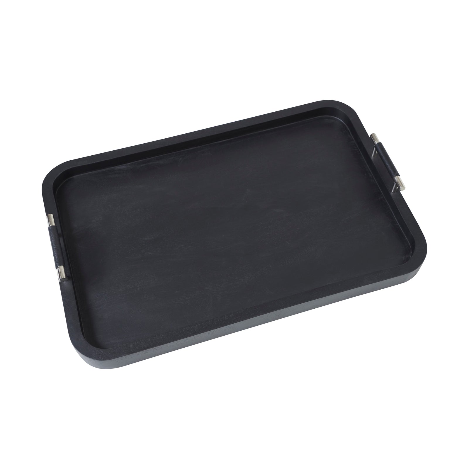 Hudson Tray by Renwil, black tray with raised edges and metal handles, top view.