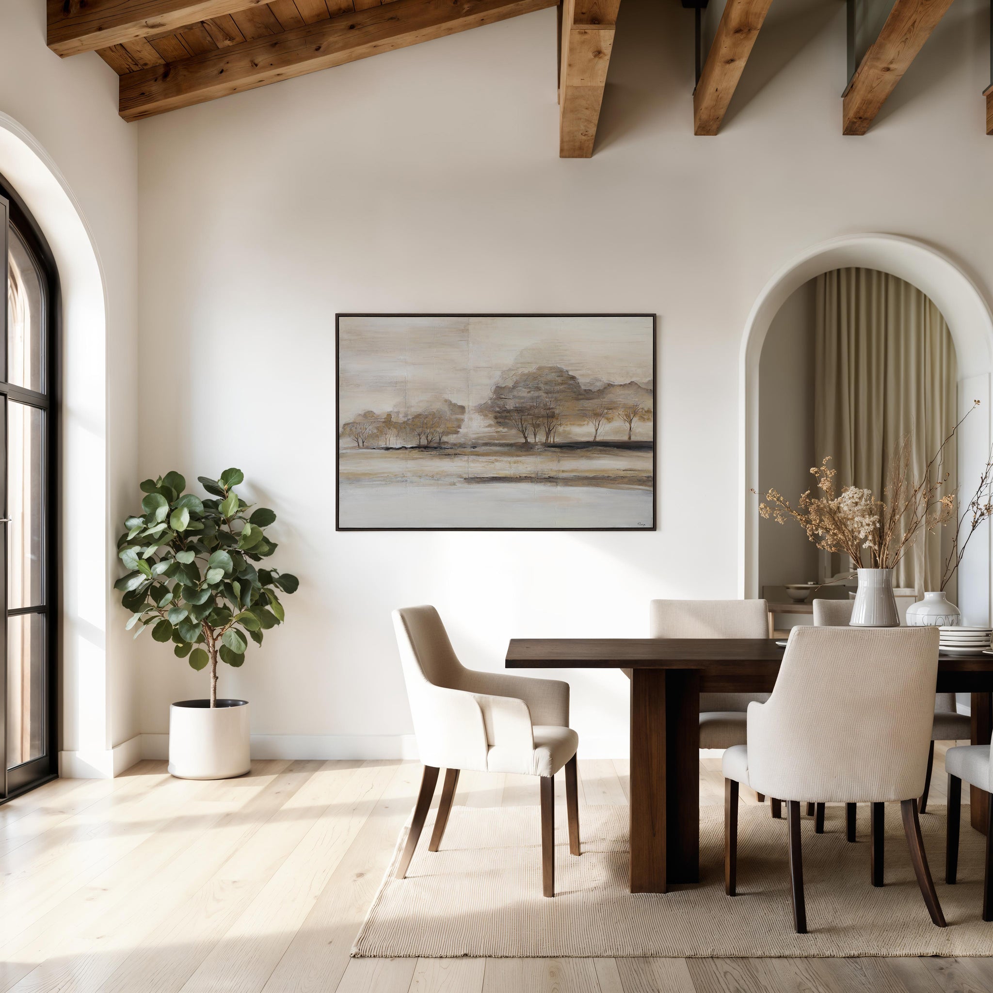 Pallini canvas art displayed in a modern dining room with natural light and decor.