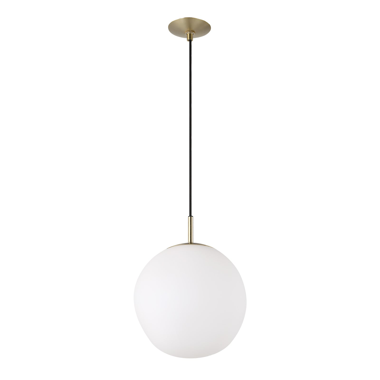 Koa ceiling fixture with a round white glass shade and brass accents, suspended from a black cord.
