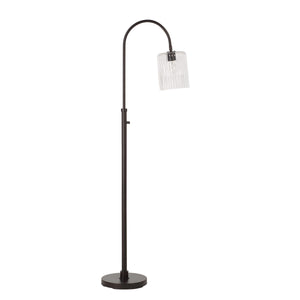 Danae floor lamp with a curved arm and clear ribbed glass shade, black metal base.