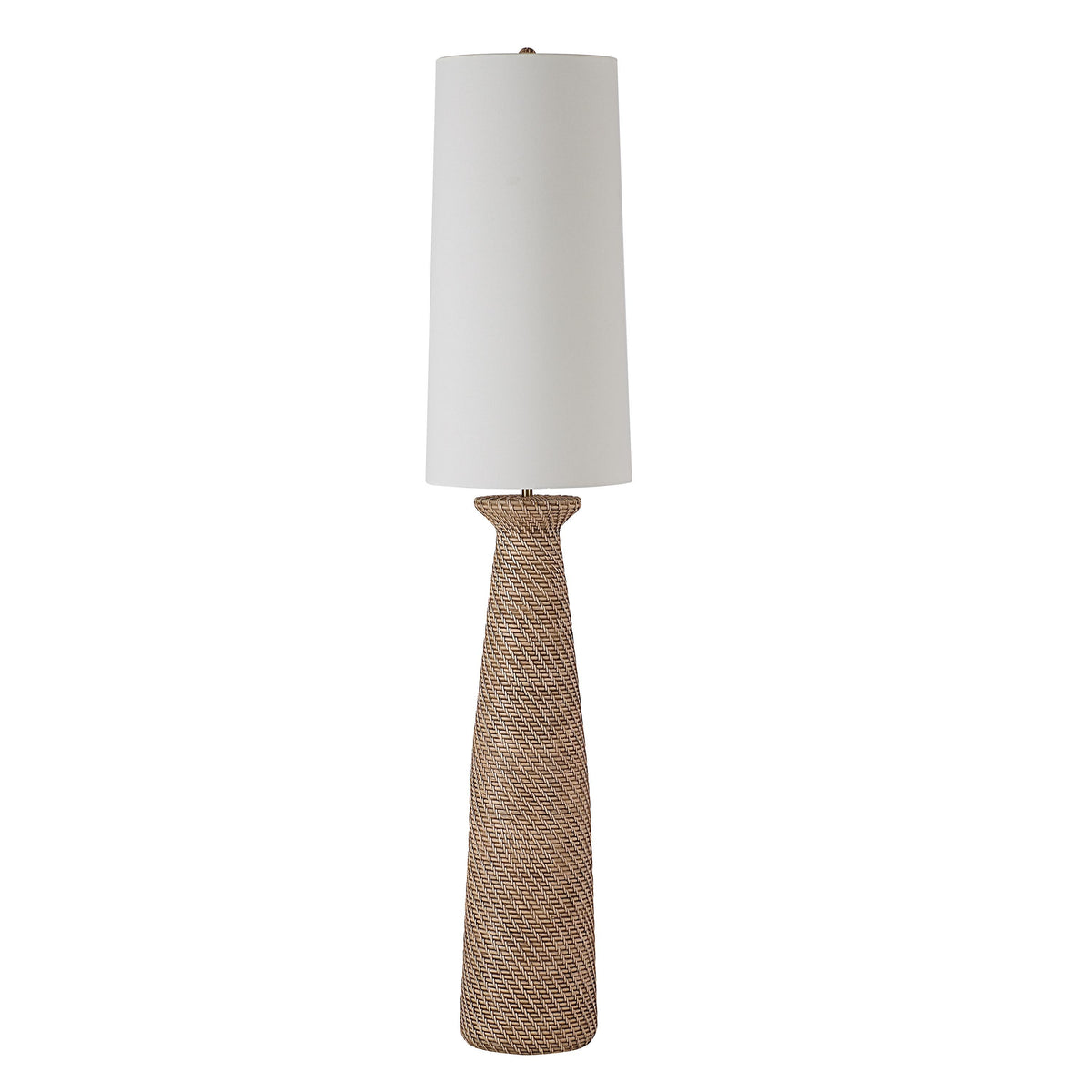 Nathalie floor lamp with a woven base and white cylindrical shade, showcasing a modern design.