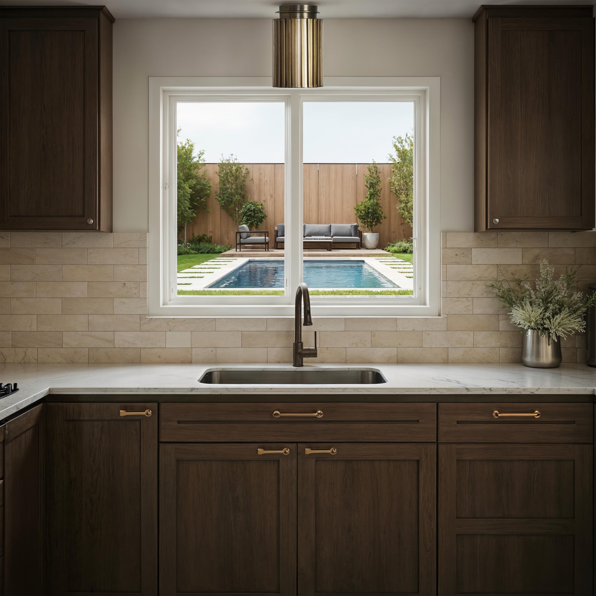 Fenice Flush Mount light installed in a kitchen, illuminating the space with a view of a pool.