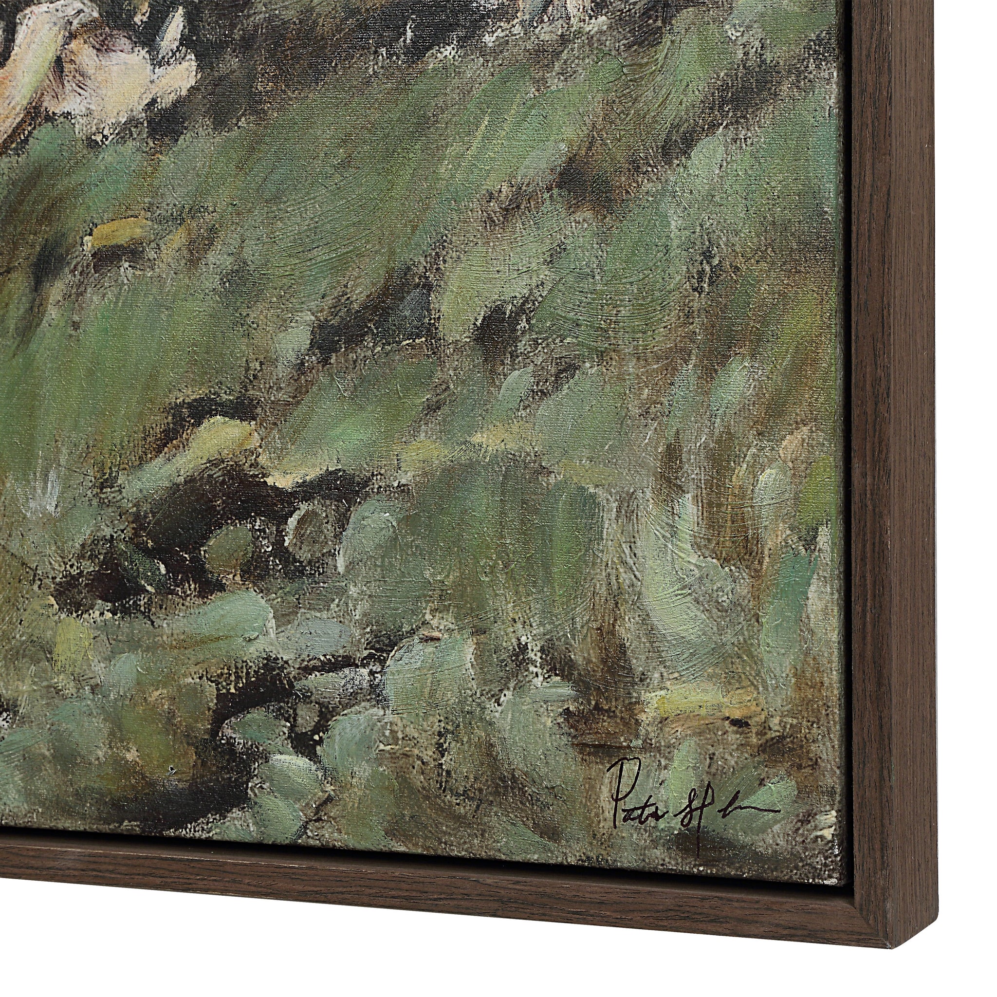 Nature canvas art featuring textured green brush strokes and a wooden frame.