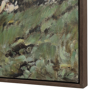 Nature canvas art featuring textured green brush strokes and a wooden frame.