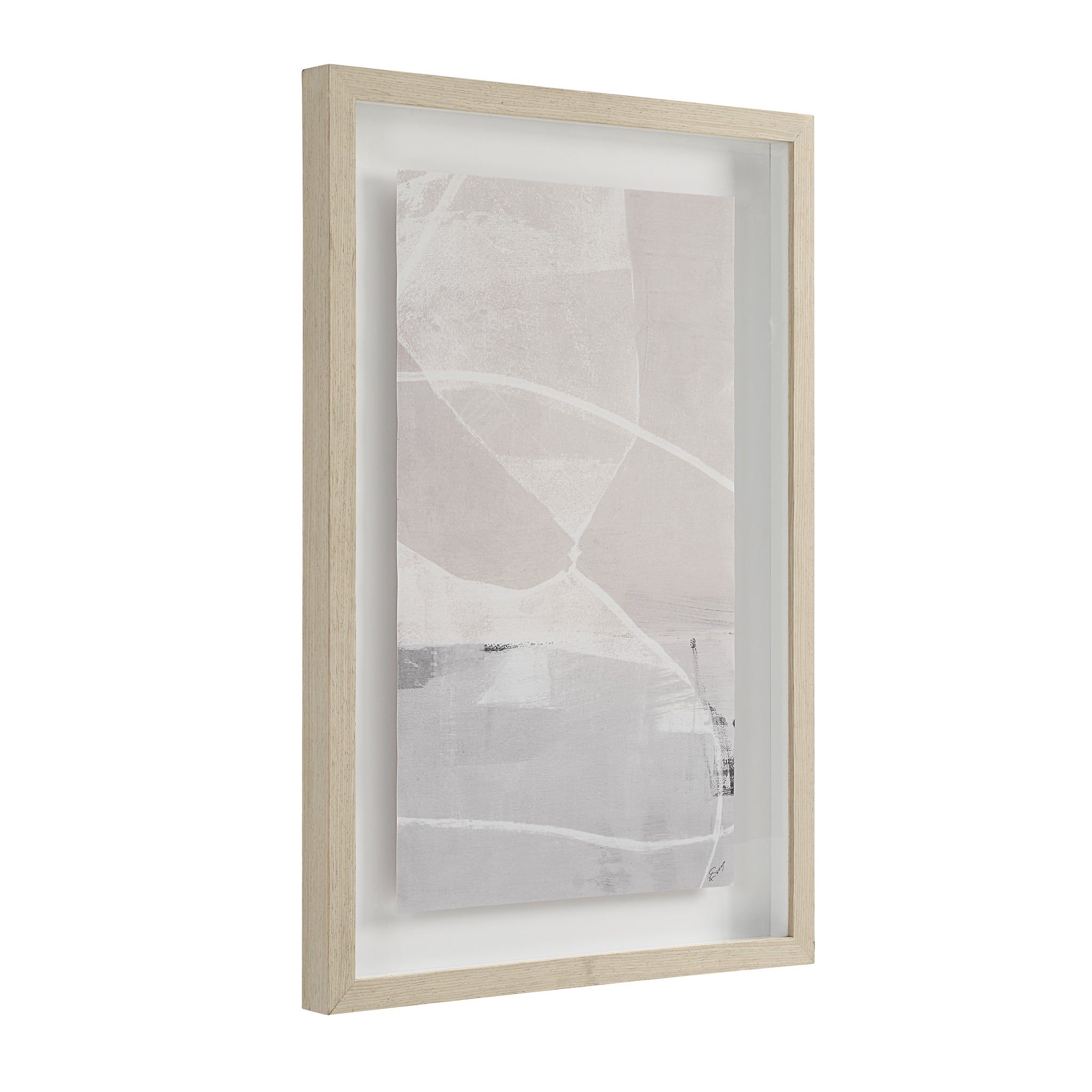 Rovereto Wall Decor at an angle, featuring abstract art in pink and gray, encased in light wood frame.