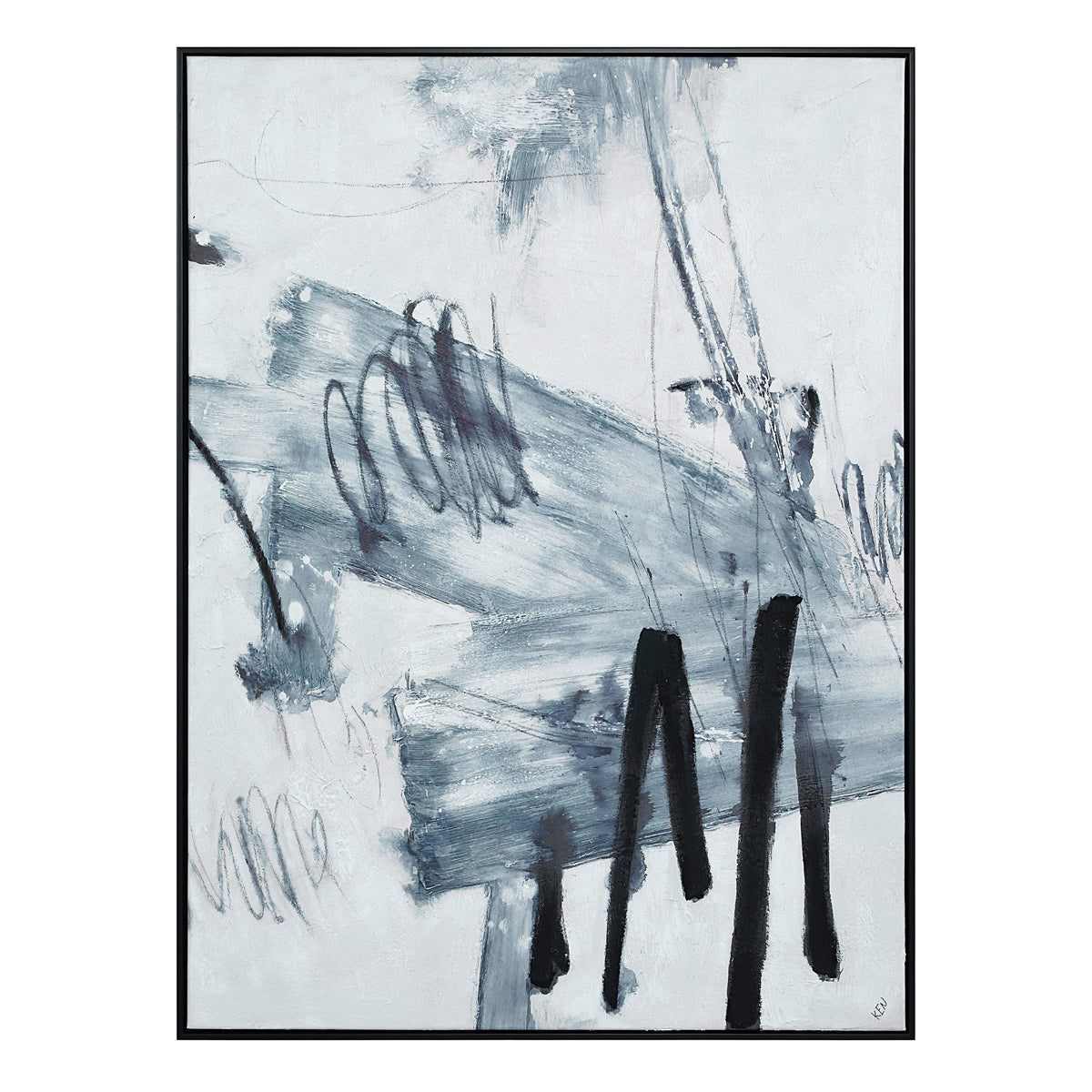Senso canvas art featuring abstract blue and gray brush strokes with black lines.