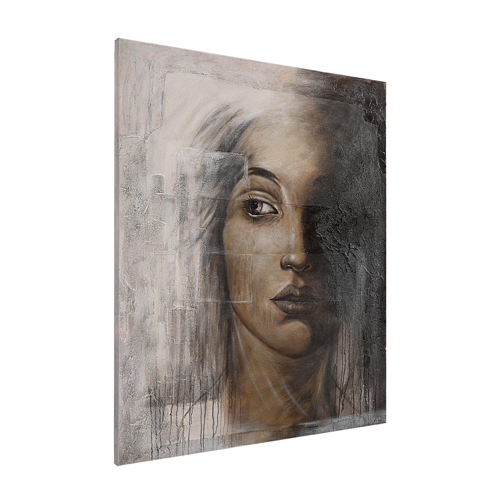 Cassandra Canvas Art featuring a woman's face in muted tones with textured background.