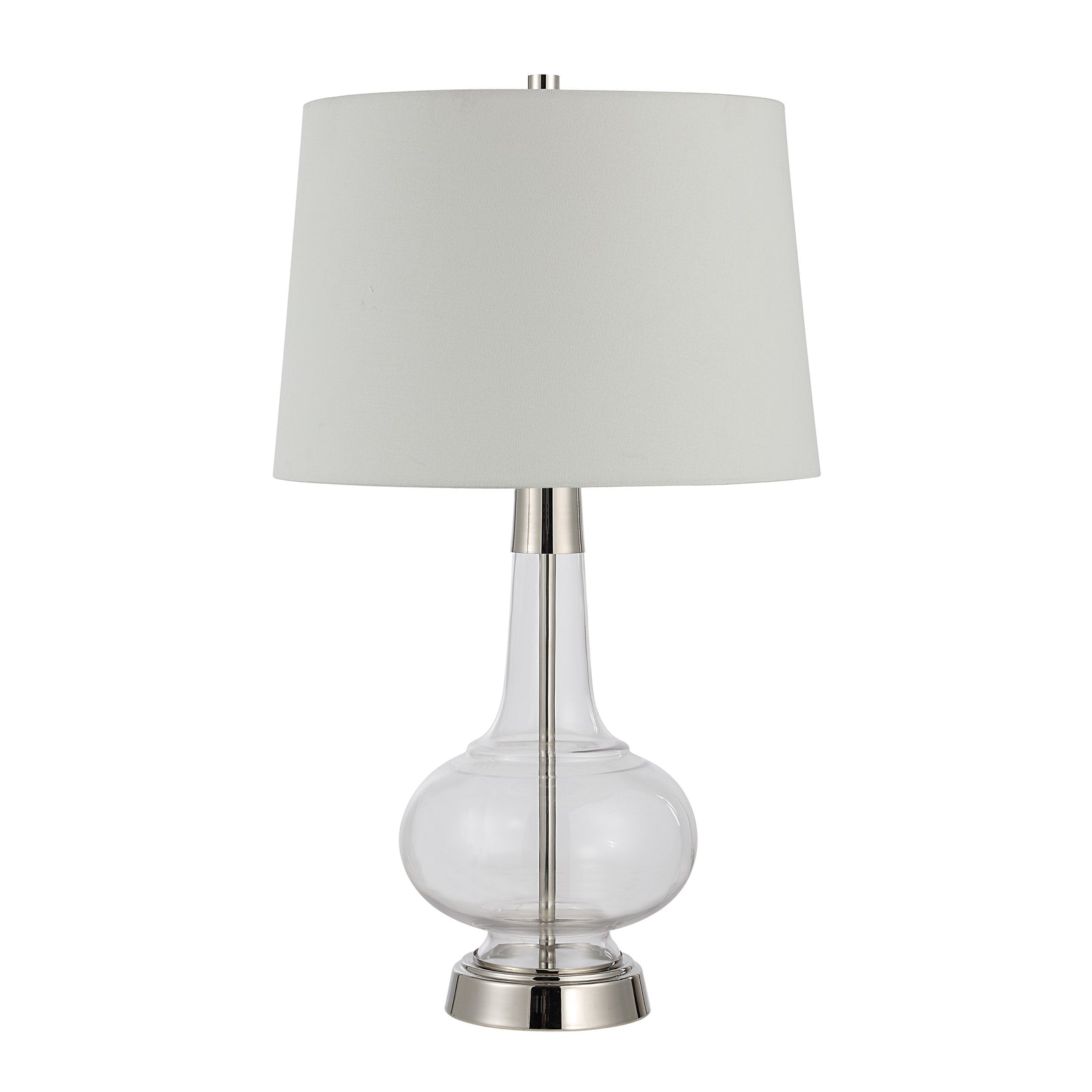 Lya Table Lamp with a clear glass base and white fabric shade, featuring a polished metal accent.