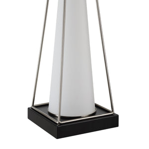 Close-up of Navagio Table Lamp highlighting the white cone-shaped base and black square platform.