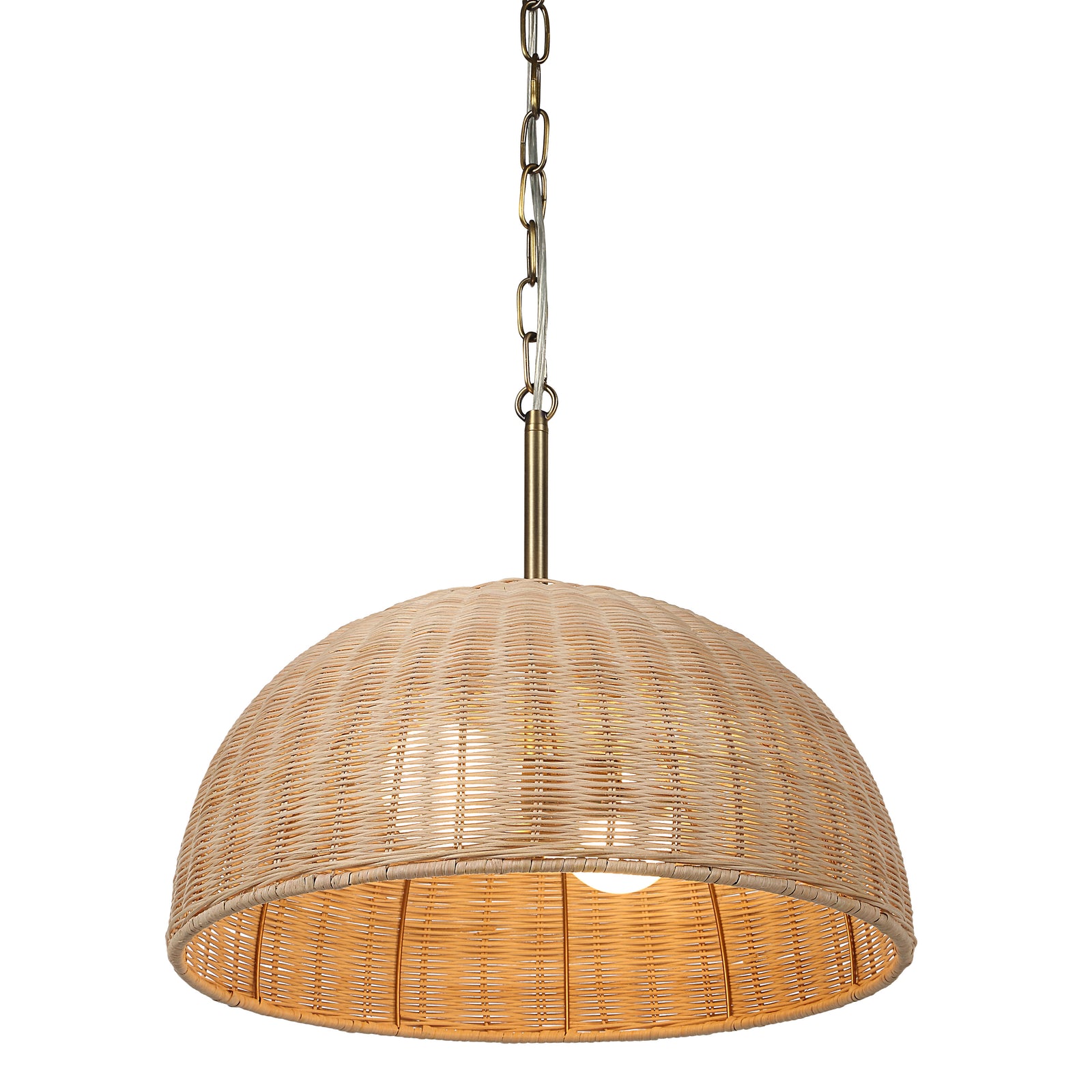 Ciara pendant light featuring a woven rattan shade in natural color with a brass chain.
