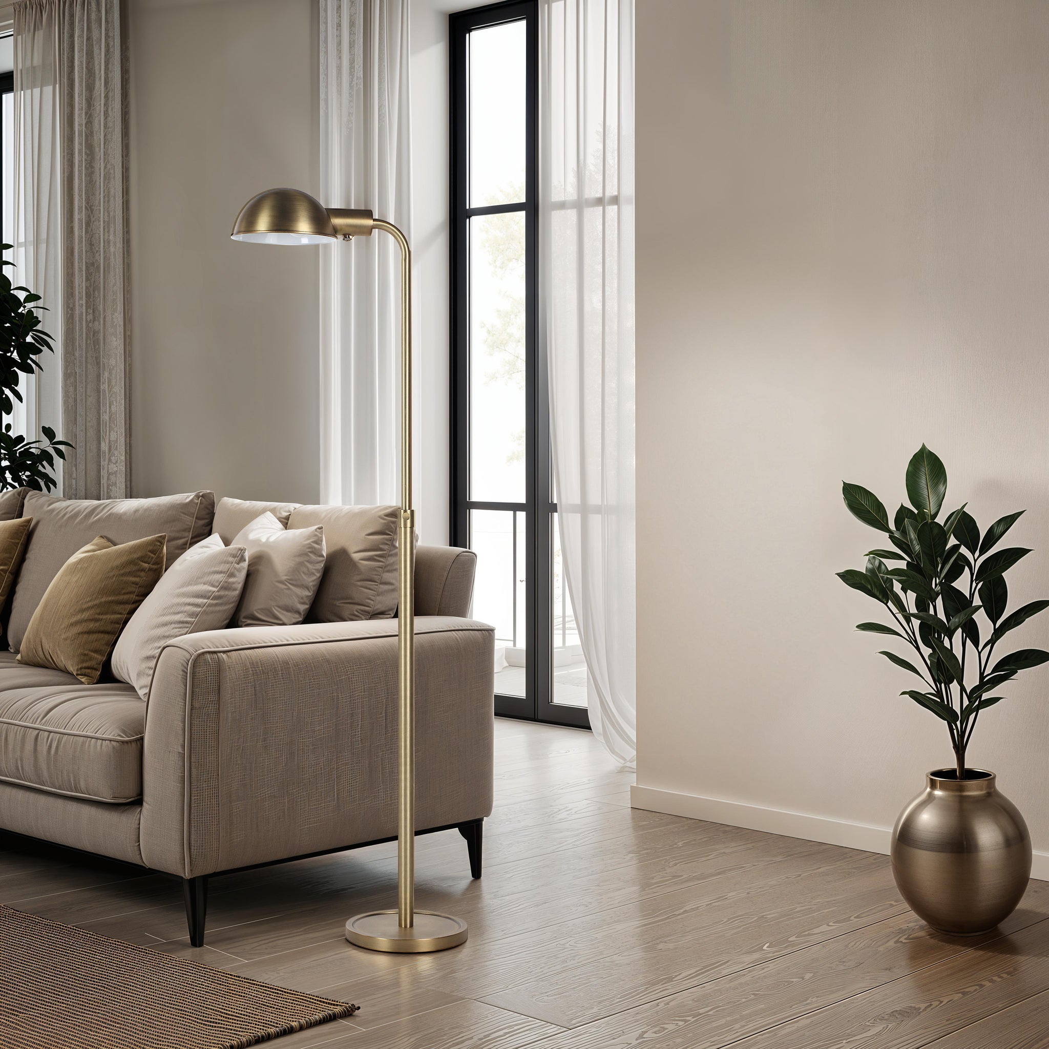 Cos floor lamp in a stylish living room with a beige sofa and decorative plant.