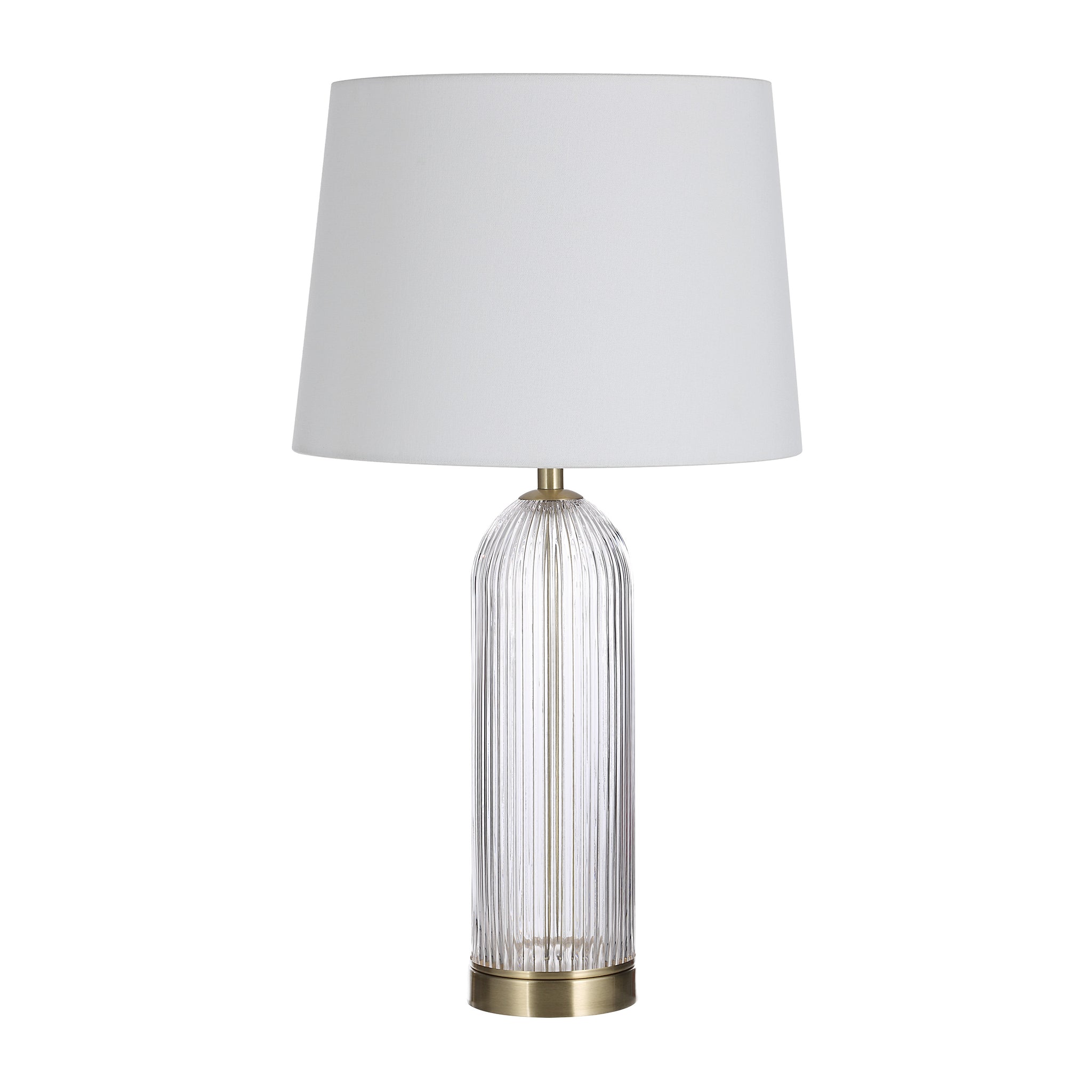 Single Ocala Table Lamp featuring a clear ribbed glass base and white shade