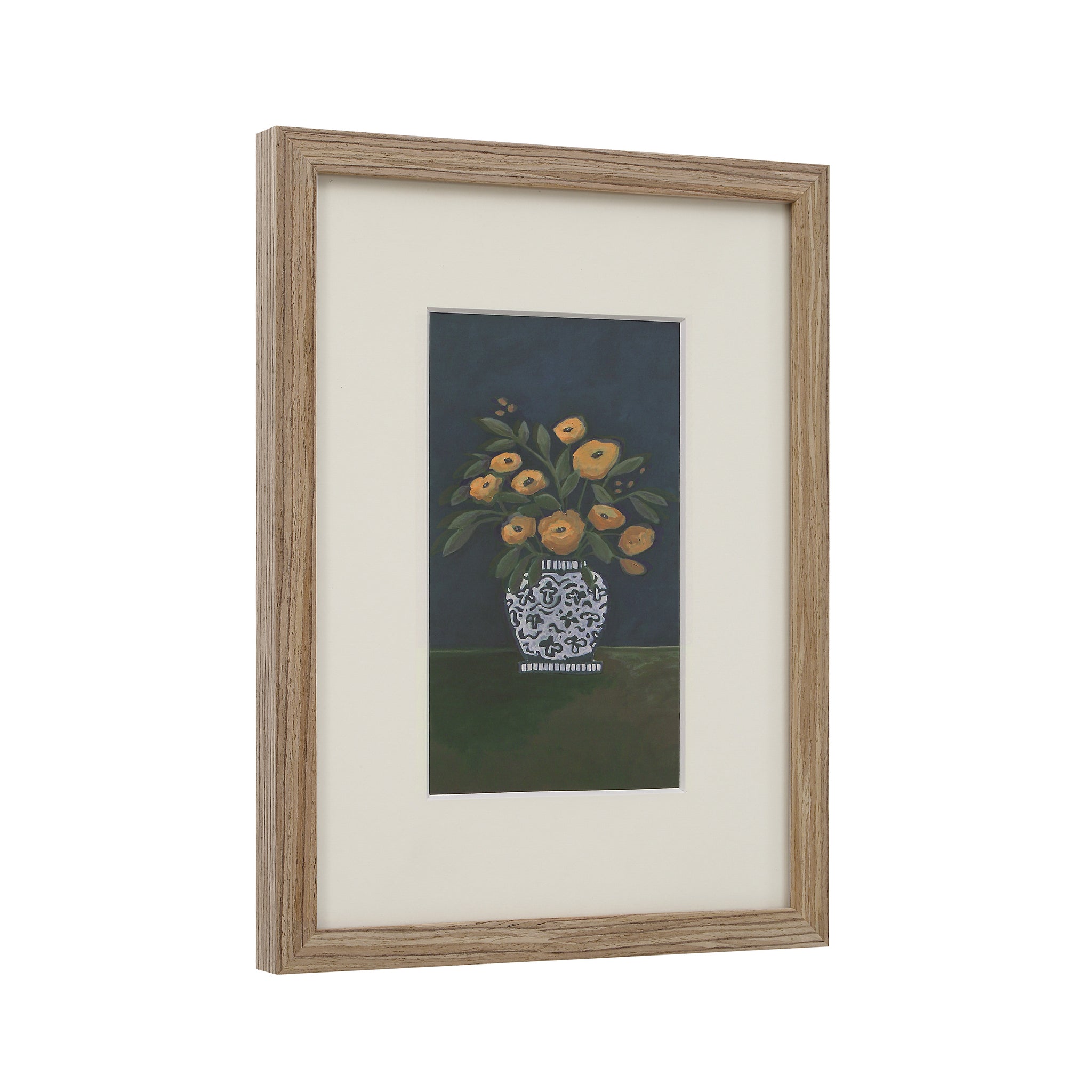 Henriette framed artwork showing a side view of a vase with yellow flowers against a dark backdrop