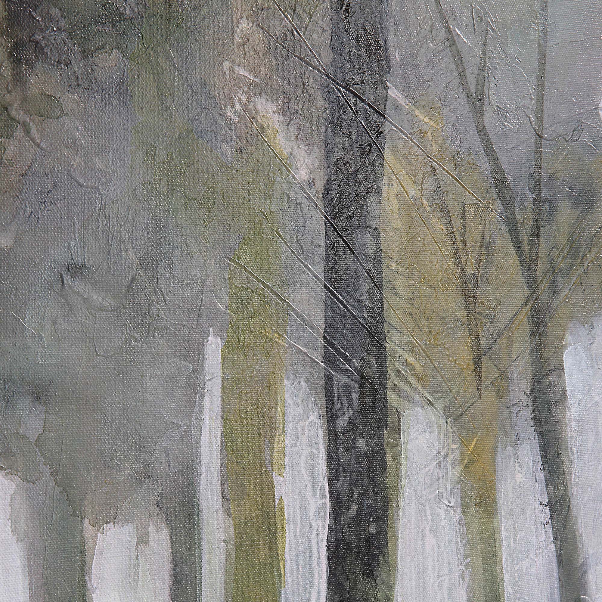 Catania, abstract canvas art featuring trees in shades of gray, green, and white with textured brush strokes.