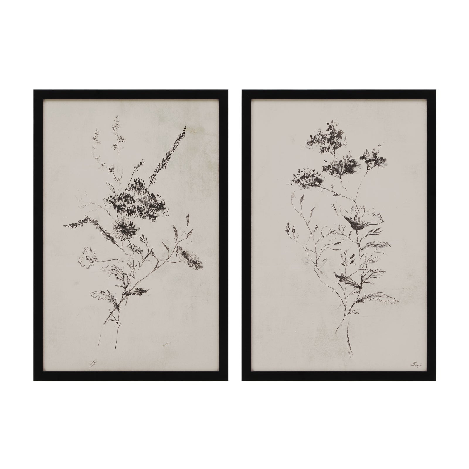 Adeline artwork featuring two floral sketches in black on a beige background, framed in black.