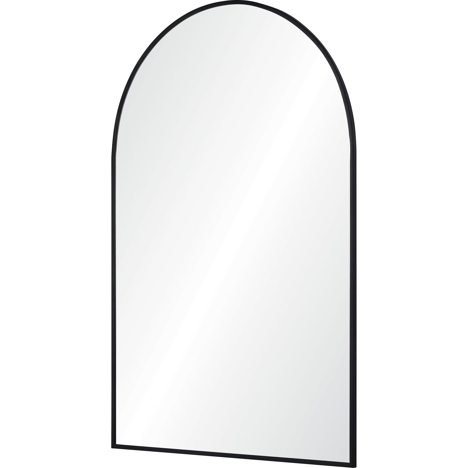 Waren Wall Mirror with a black frame, arched top, reflecting light.