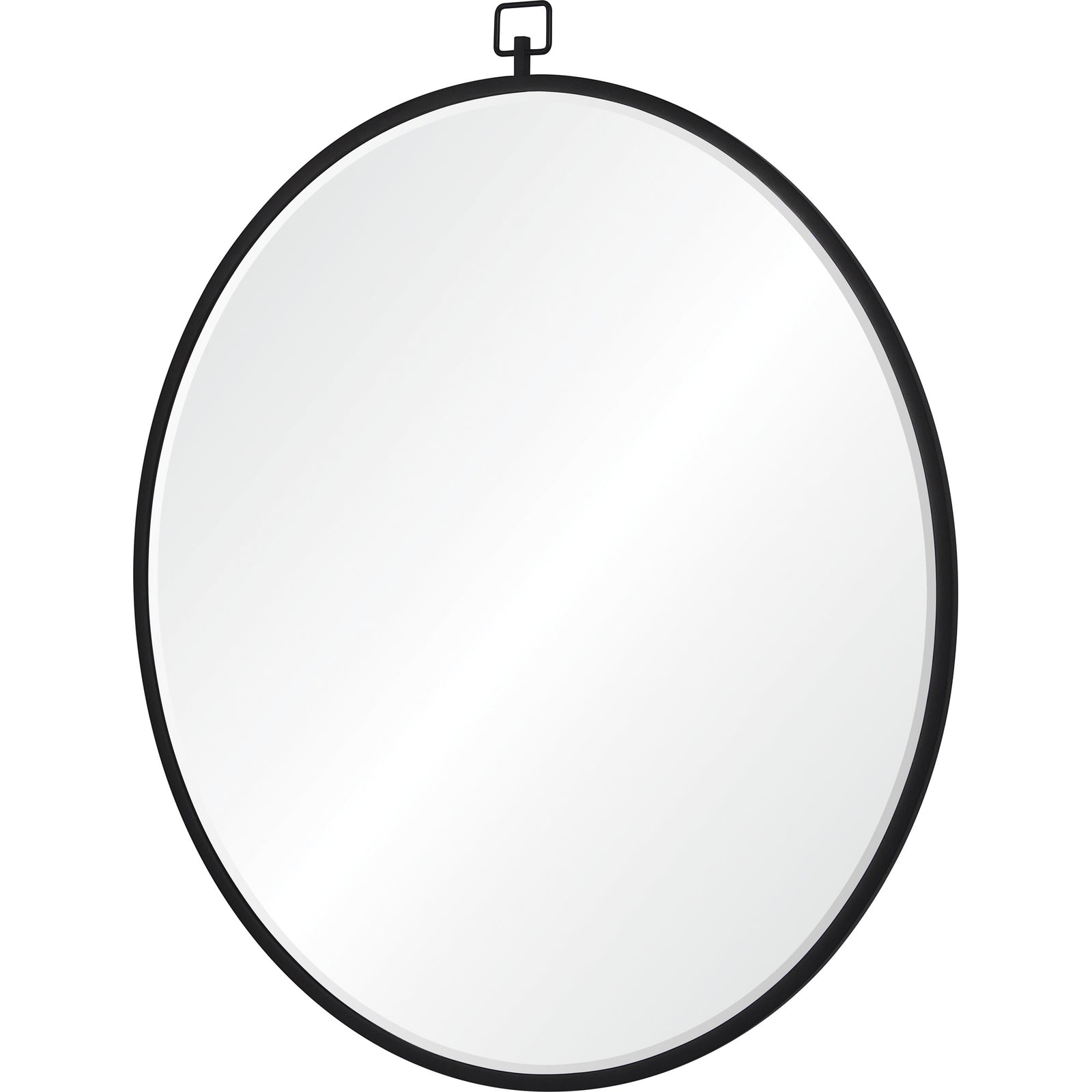 Rayden Wall Mirror with a round shape and black metal frame, featuring a hanging loop.