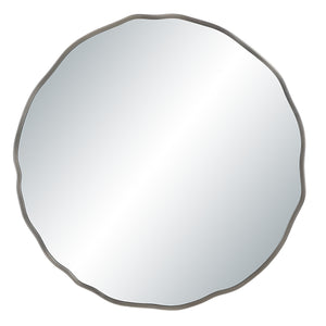 Cerro mirror by Renwil, round shape with a wavy silver frame, reflecting light.