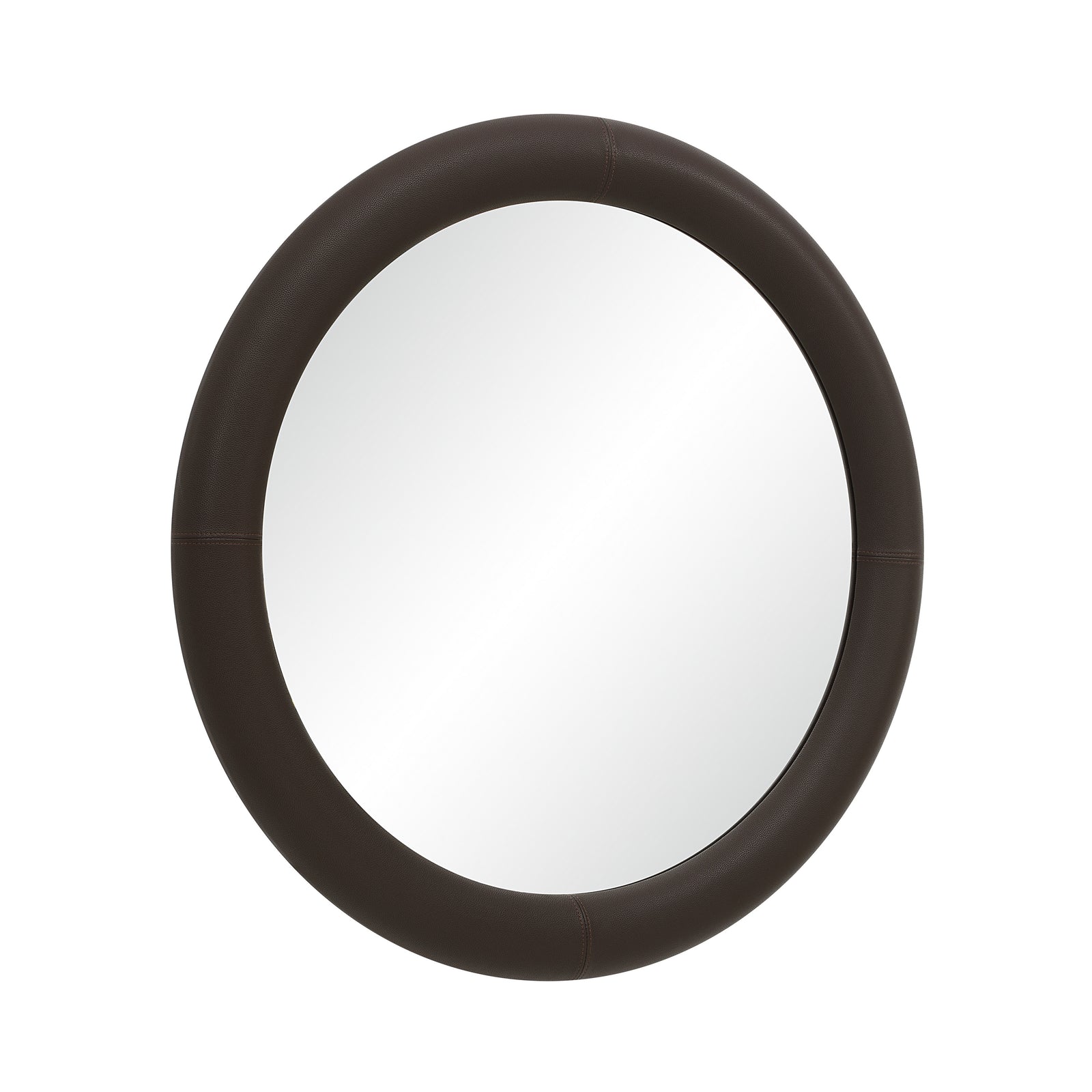 Potro mirror with a round brown leather frame and reflective surface.