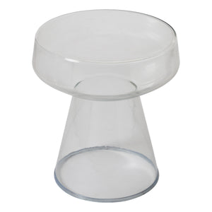 Lavanda table featuring a transparent glass top and conical base, emphasizing minimalist style.