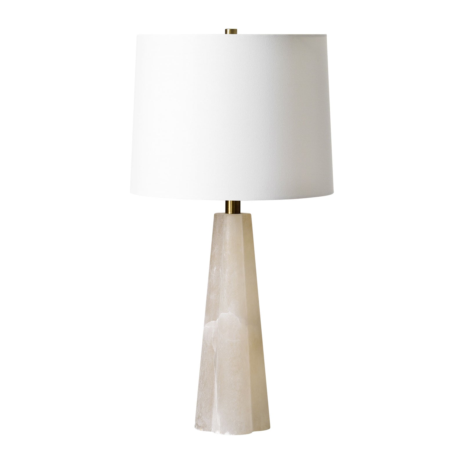 Rima Table Lamp with a white shade and a beige stone base, featuring a brass accent.