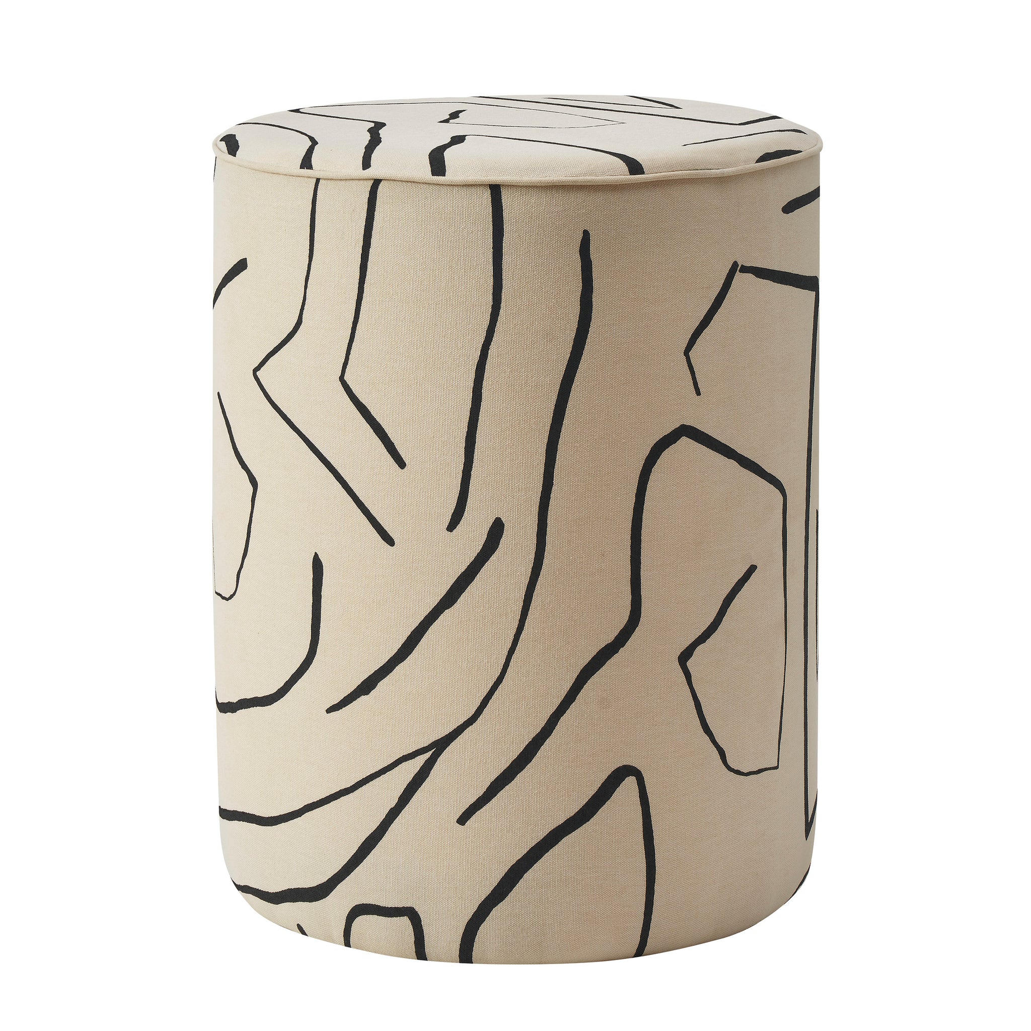 Rachelle Stool in beige fabric with black abstract line pattern, top view