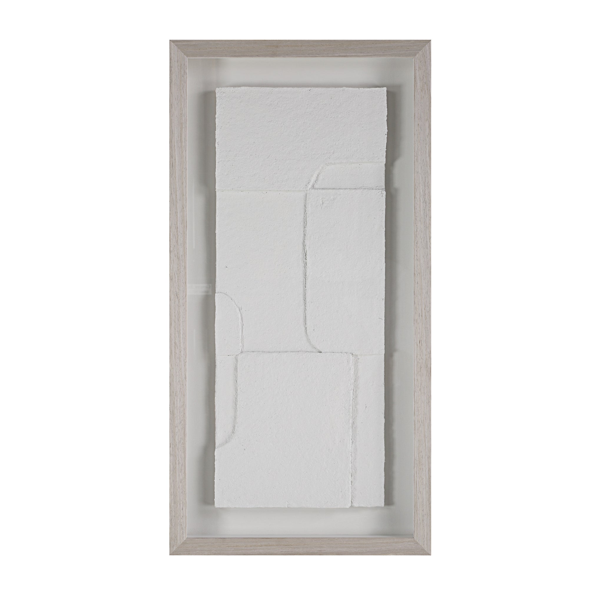 Frontal view of Arches wall art featuring white textured design in a light frame