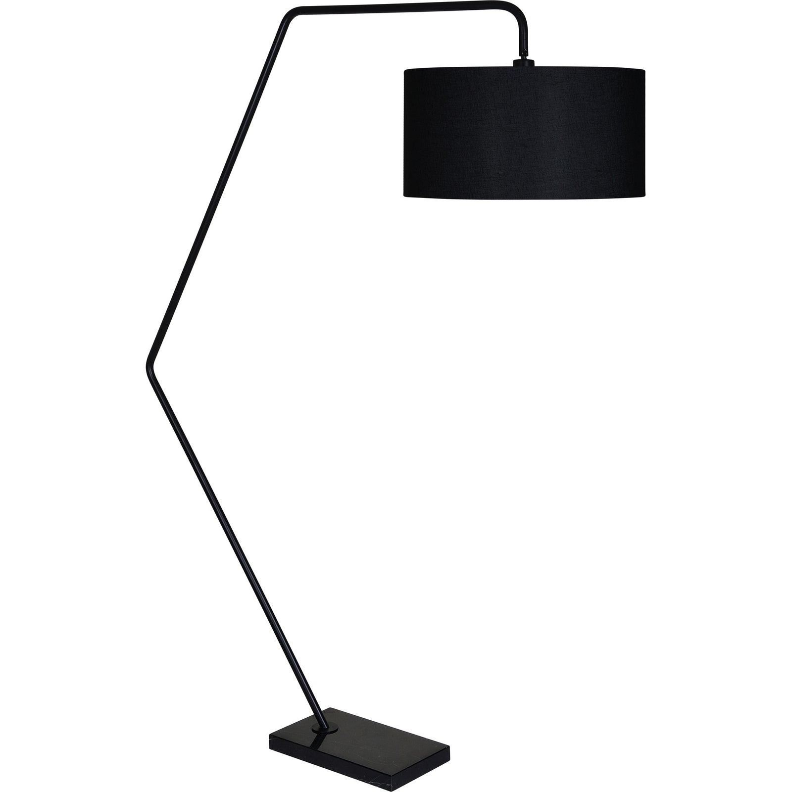 Penelin Floor Lamp with a black fabric shade and sleek black metal base, angled view.
