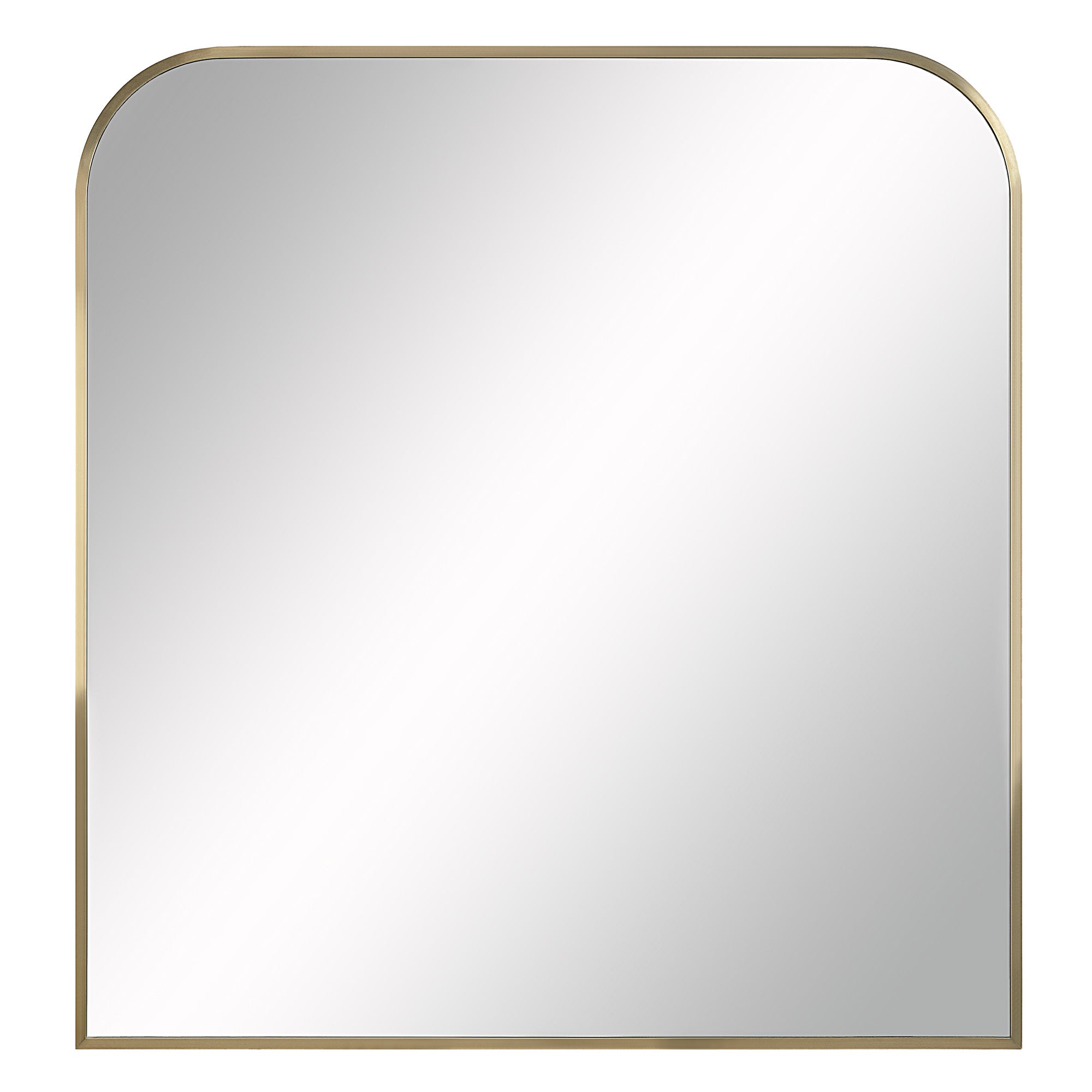 Joan Wall Mirror with rounded top, gold metal frame, and reflective surface.