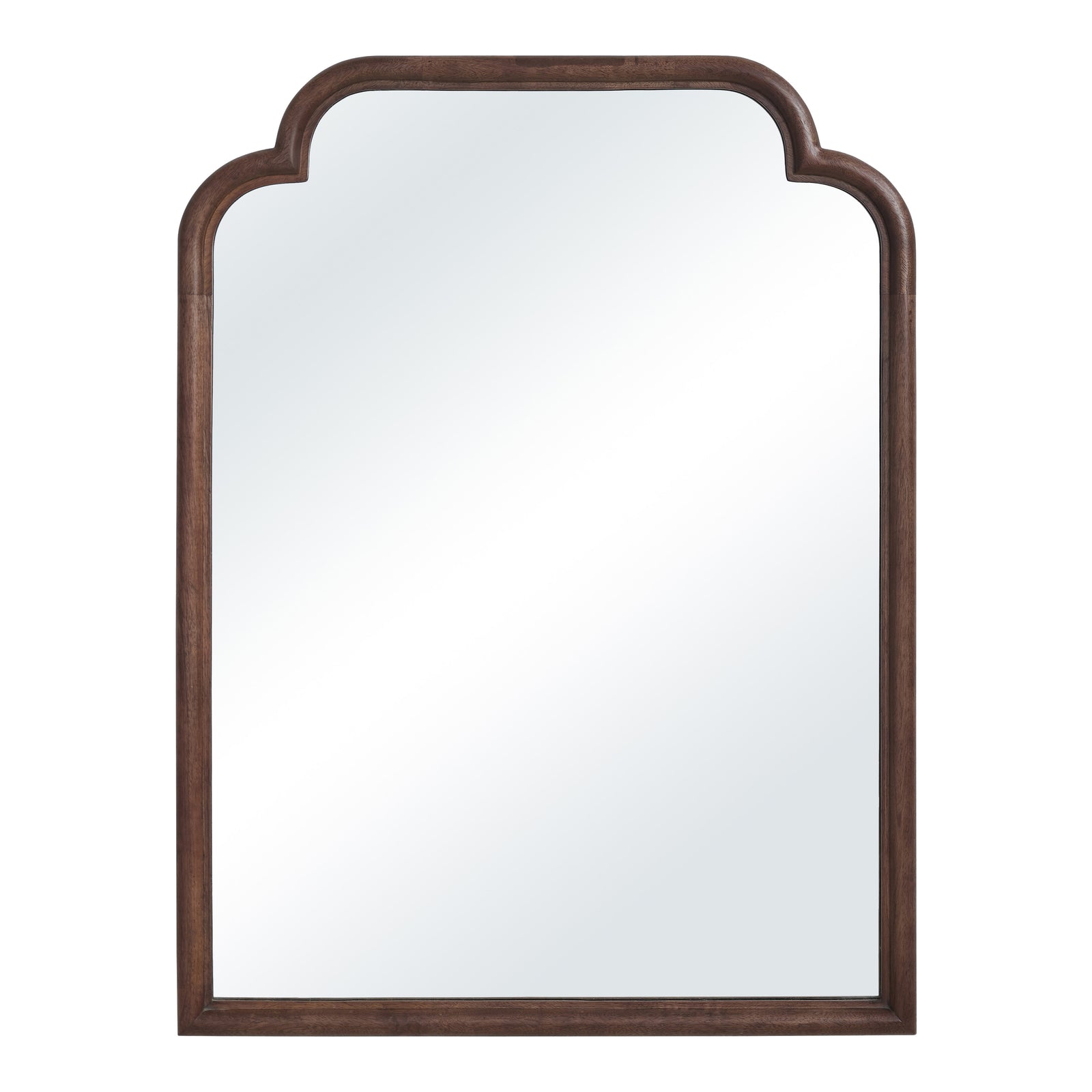 Octavian mirror with a brown wood frame featuring an arched top design.