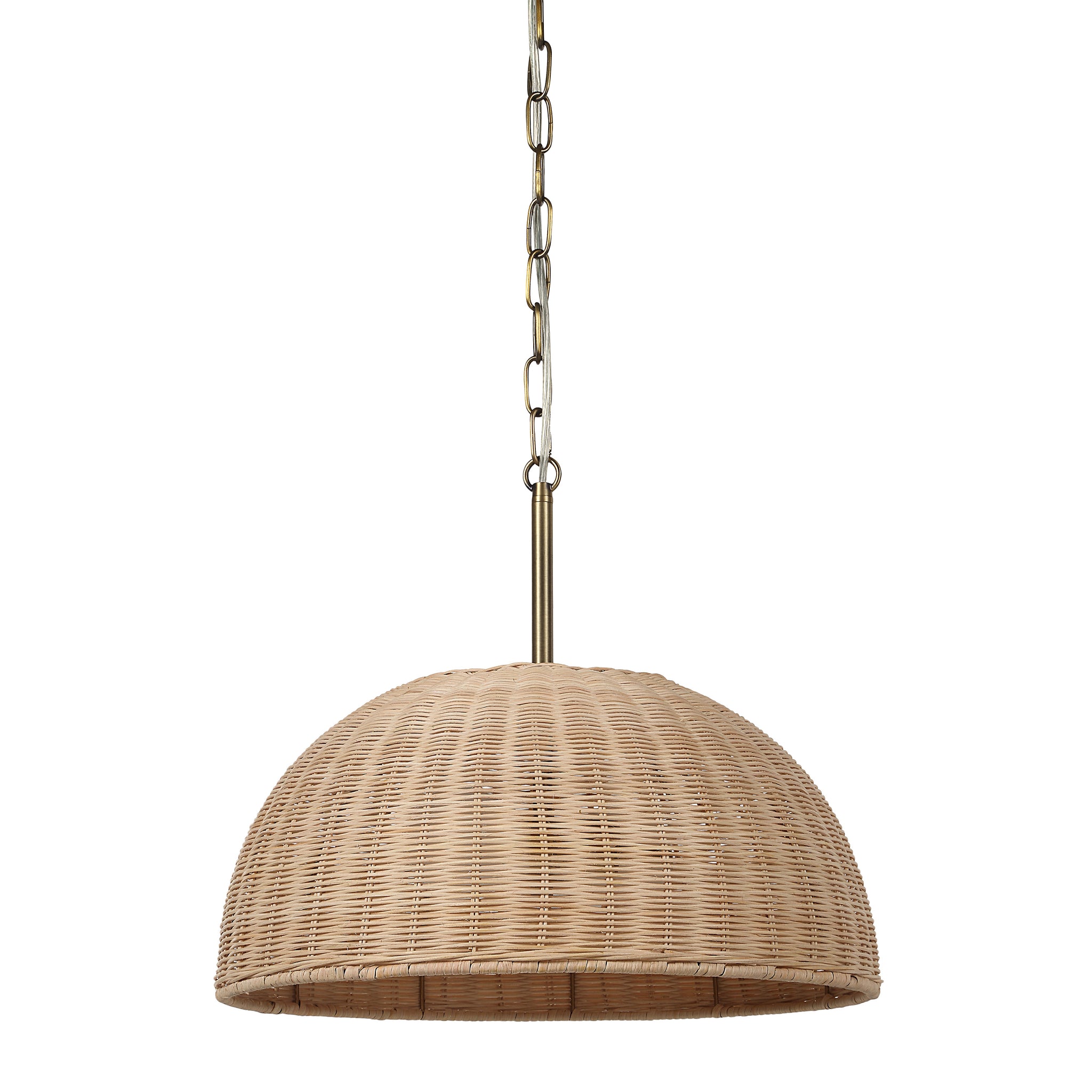 Ciara pendant light featuring a woven rattan shade in natural color with a brass chain.