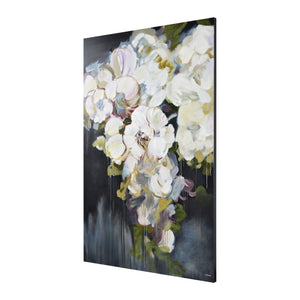 Gables canvas art showing white flowers with a dark backdrop, angled view highlighting texture.