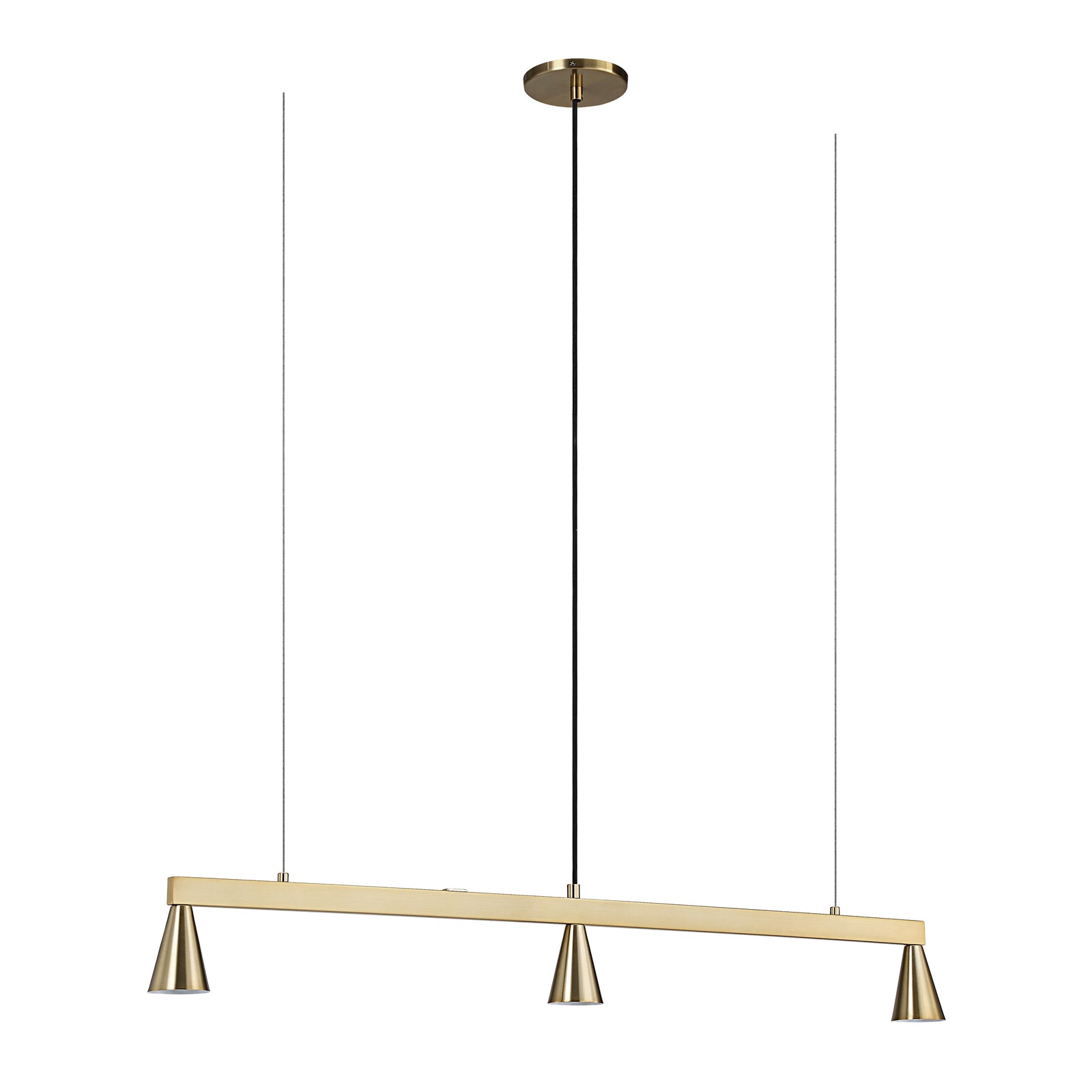 Linea Ceiling Fixture in gold with three cone-shaped lights and black suspension wires