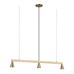 Linea Ceiling Fixture in gold with three cone-shaped lights and black suspension wires