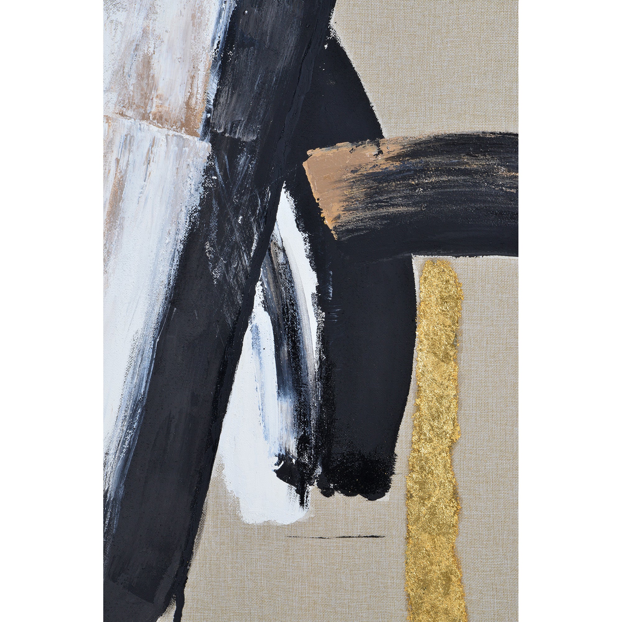 Ilya Canvas Art detail highlighting black, white, and gold brush strokes on beige.
