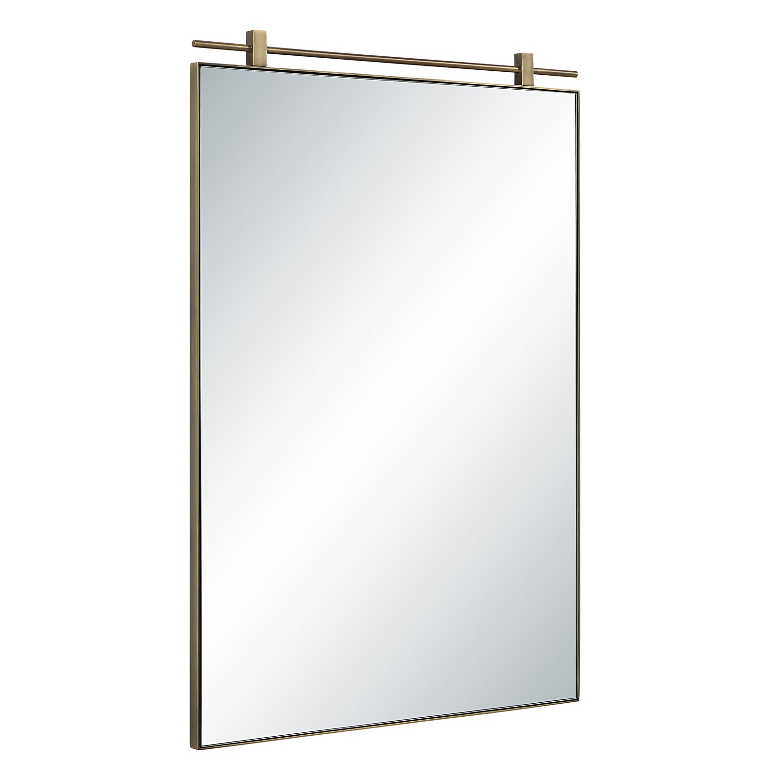 Neem mirror by Renwil, rectangular design with a sleek metal frame and top bar in gold.