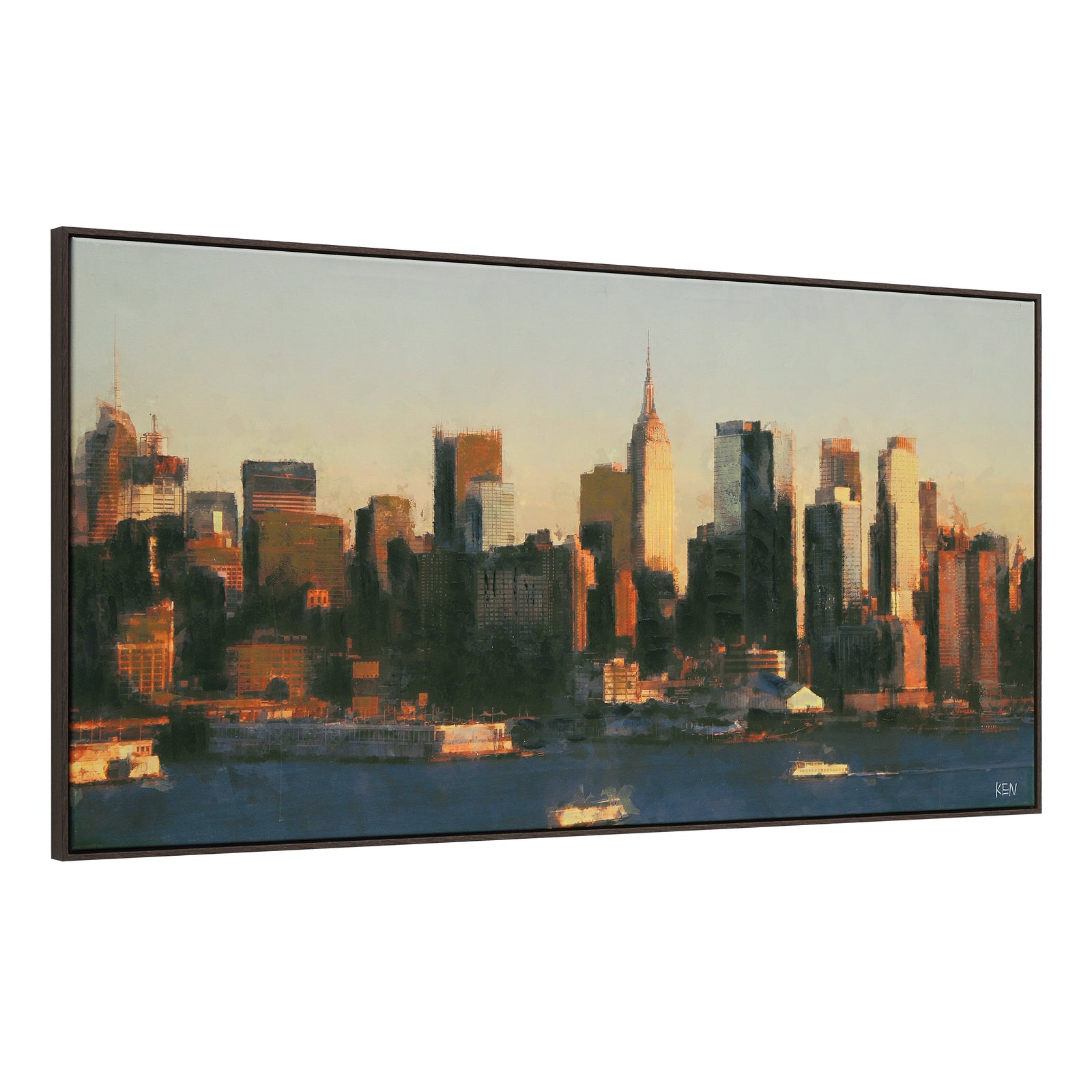 Panorama canvas art featuring a city skyline at sunset with warm orange and blue tones.