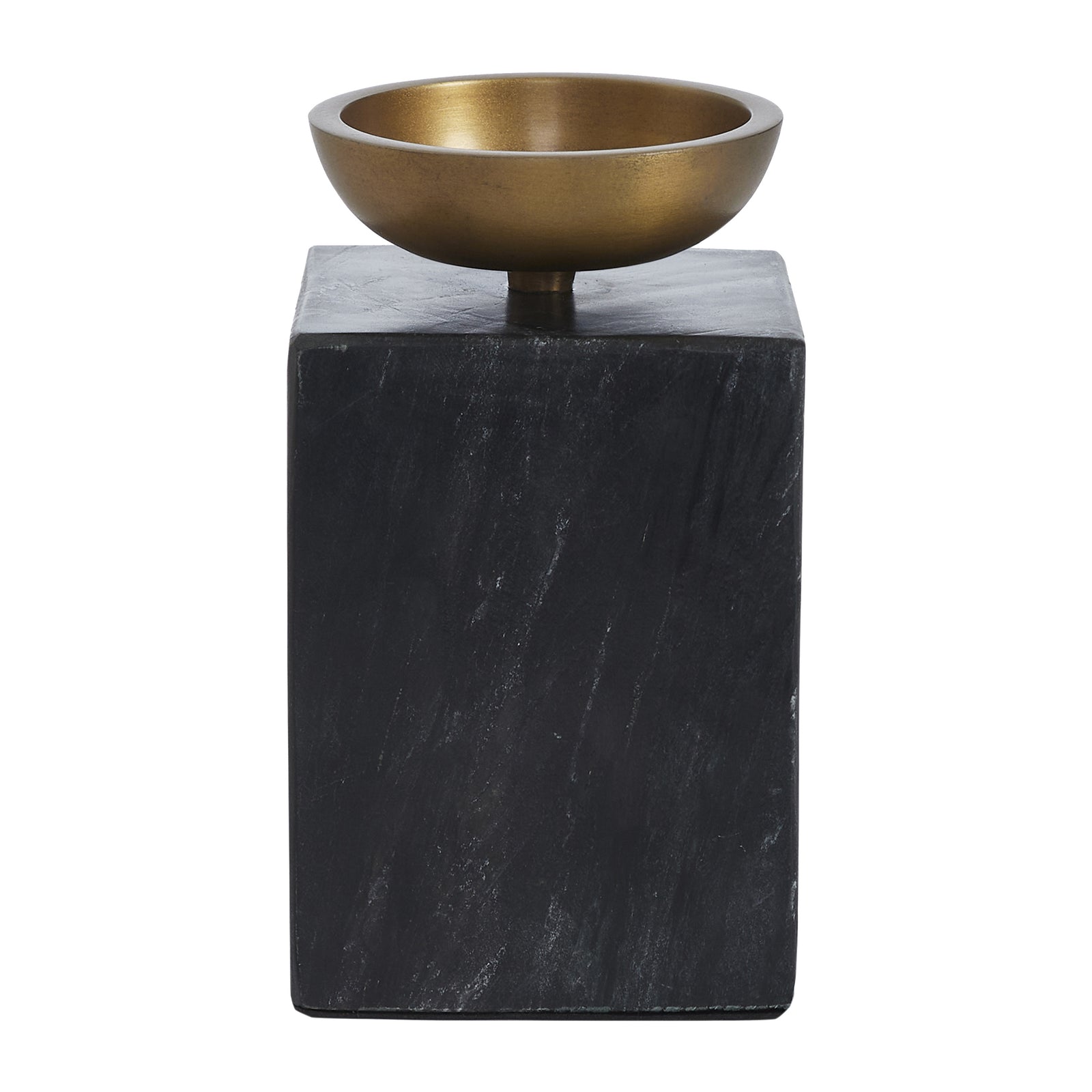 Poema candle holder with a black square base and a round brass bowl on top