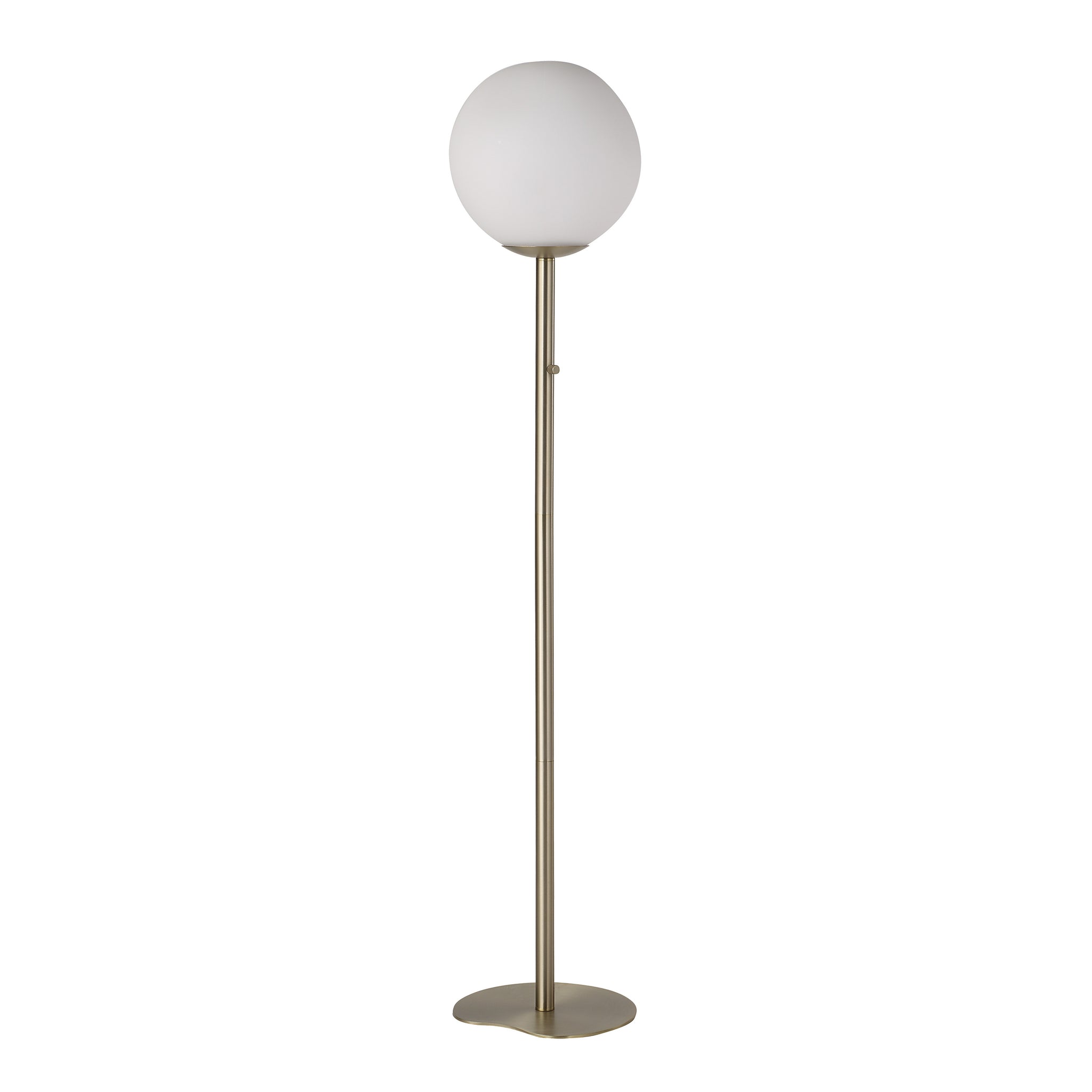 Koloa floor lamp featuring a round white glass shade and sleek brass pole.