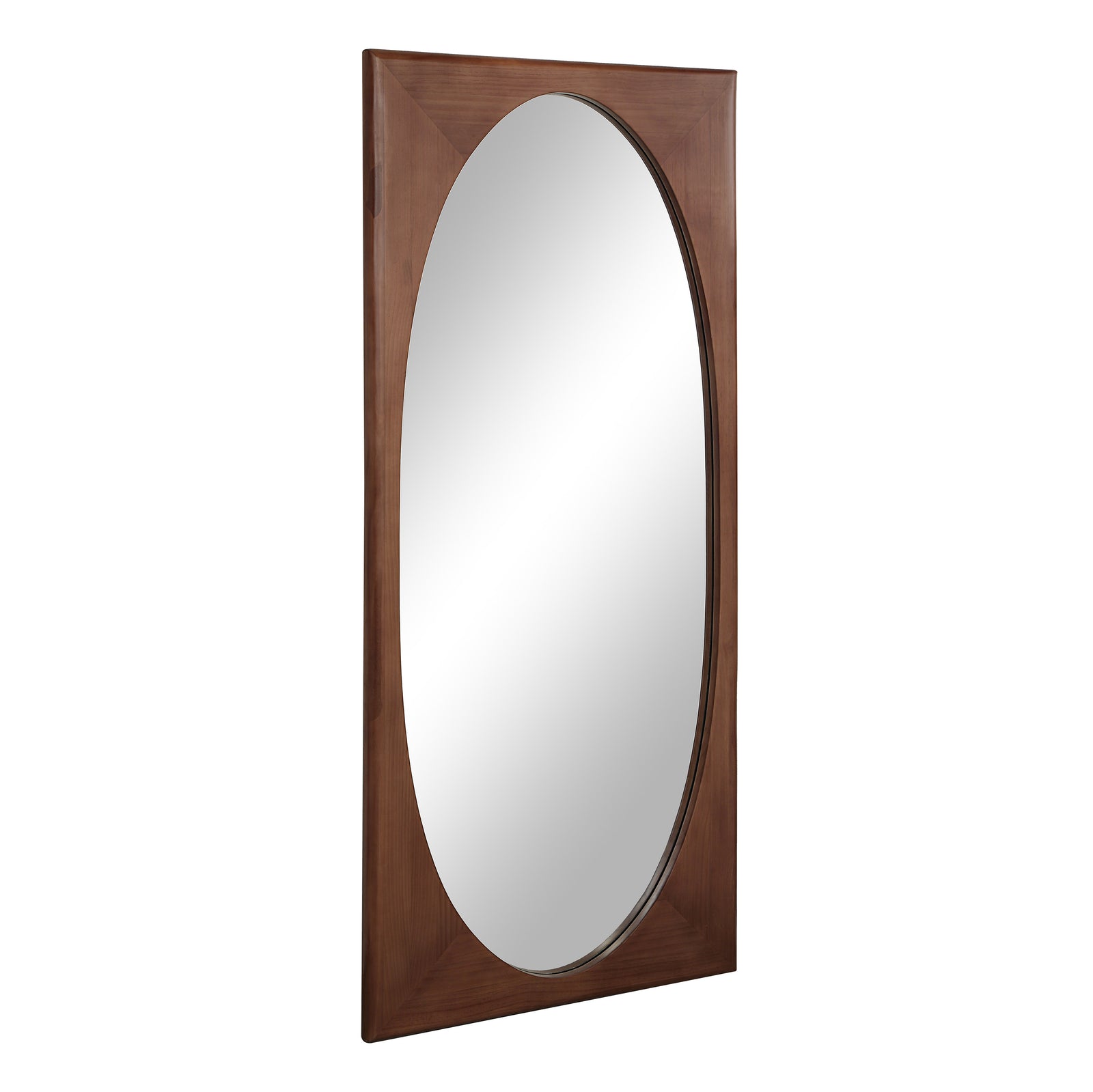 Sitia mirror by Renwil with a brown wooden frame and oval reflective surface.