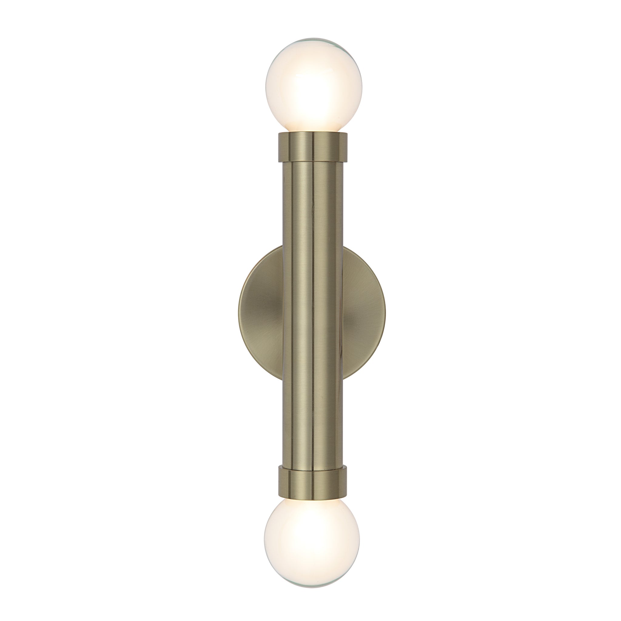 Dasia Wall Sconce in brushed brass with two lit globe bulbs, mounted vertically.