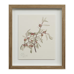 Crema canvas art depicting a branch with green leaves and red buds, framed in light wood.