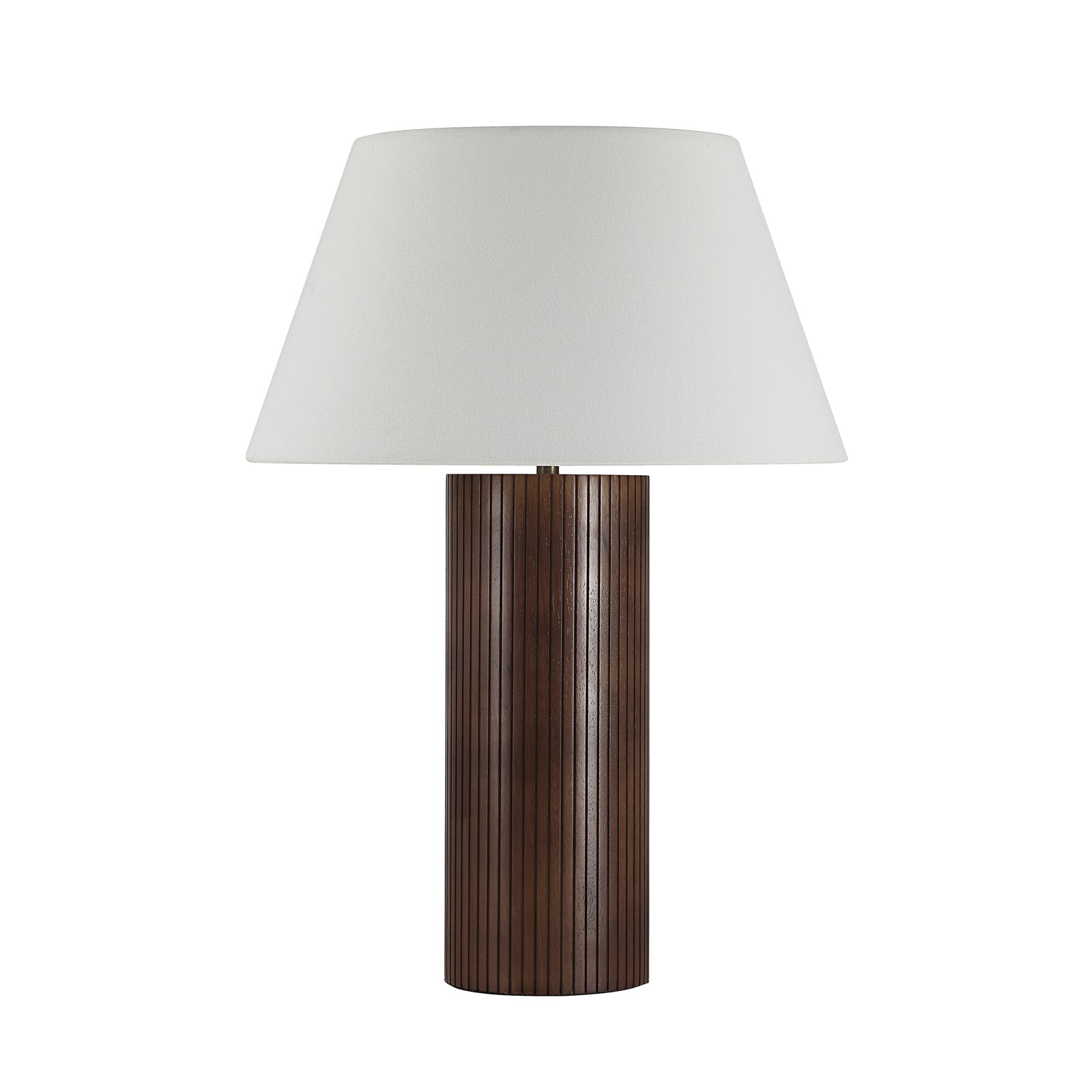Sanya Table Lamp with a white fabric shade and a ribbed dark wood base