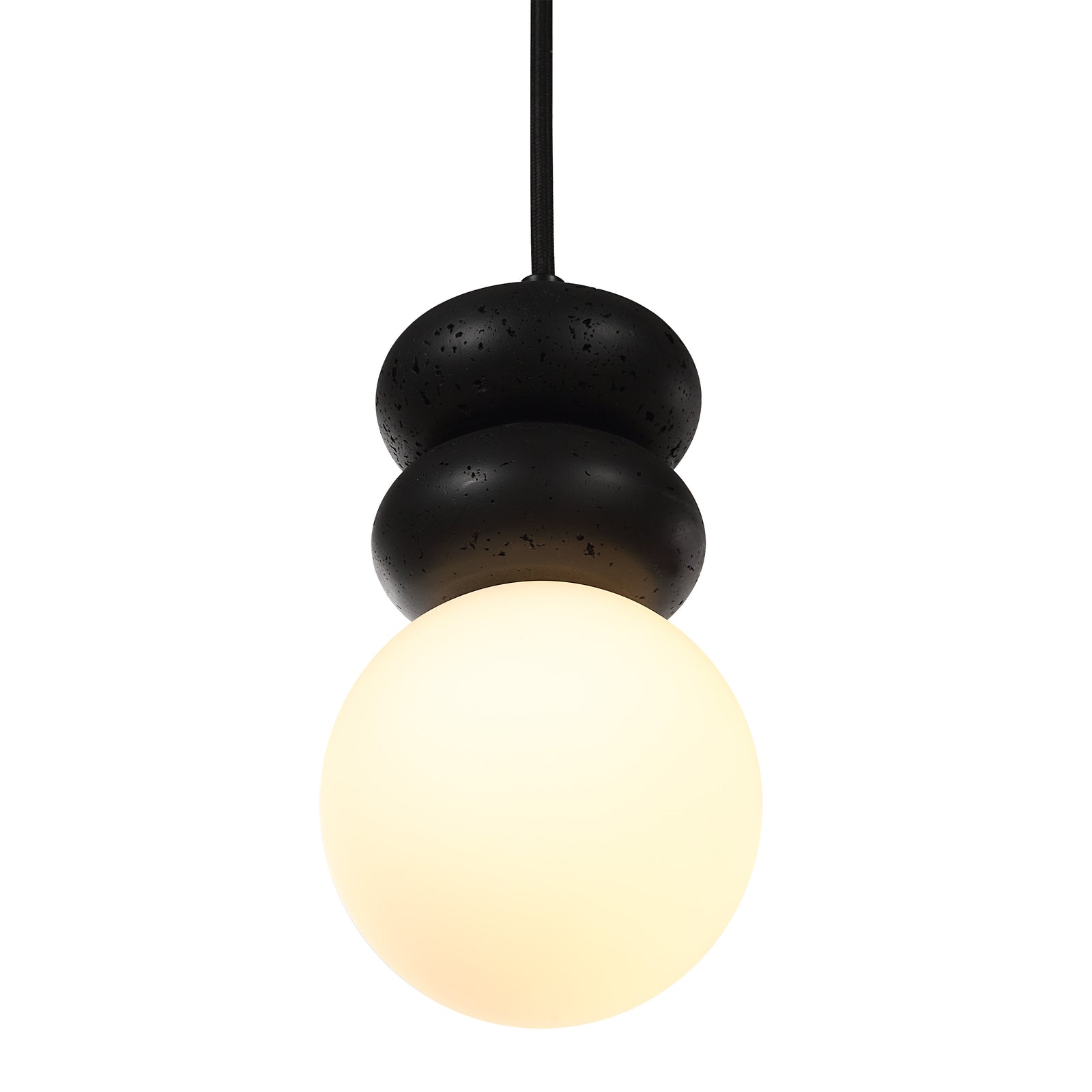 Solene pendant light featuring a white glass globe and two black textured orbs