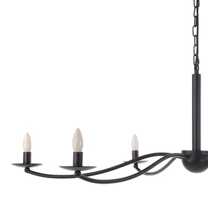 Landen chandelier by Renwil, close-up view of black metal arms with three candle-style lights.
