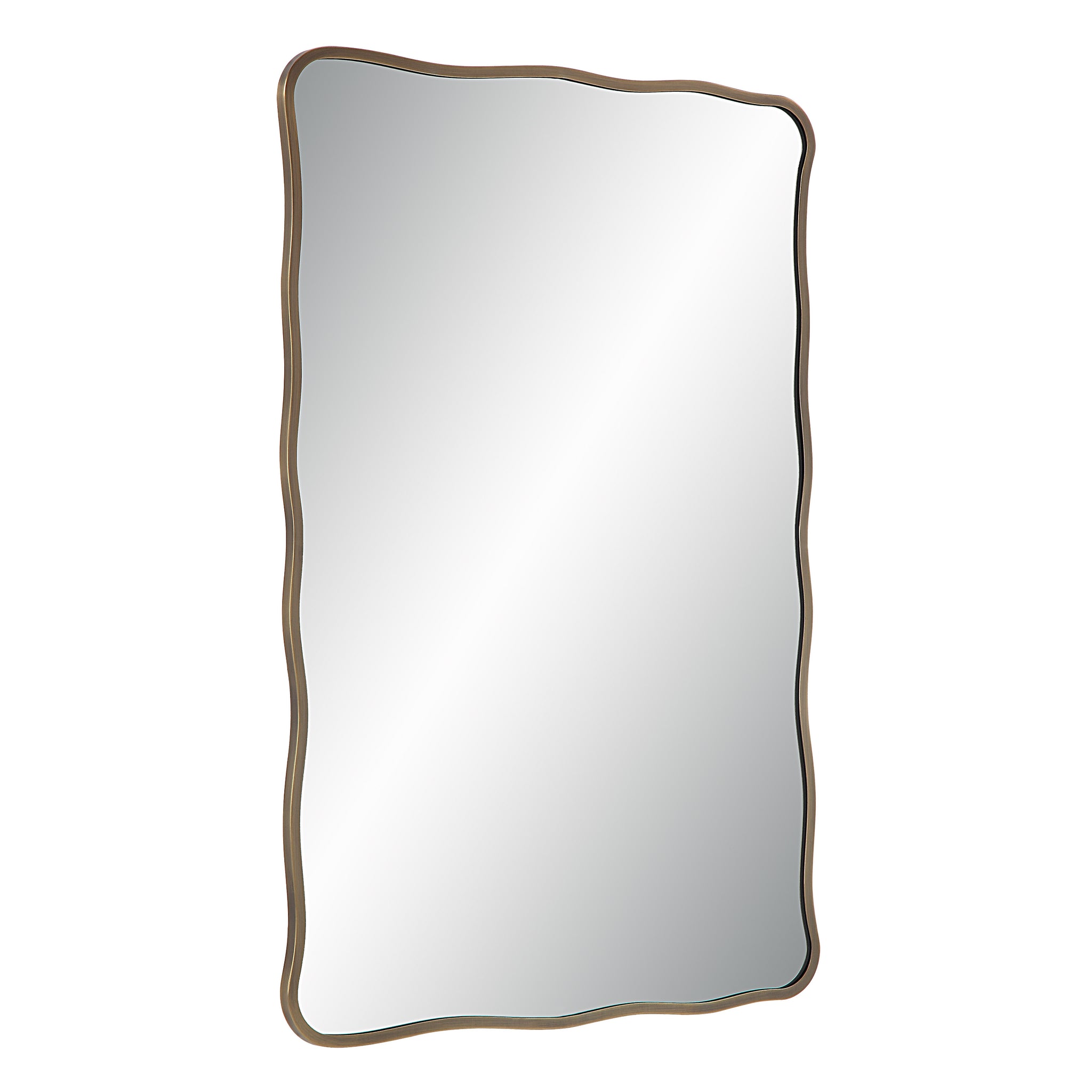 Basel Wall Mirror angled view showcasing its wavy bronze frame and reflective surface.