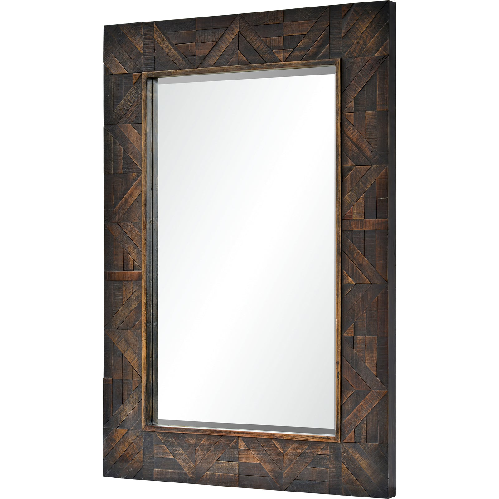 Madden Wall Mirror with a dark wood geometric patterned frame and a rectangular reflective surface.